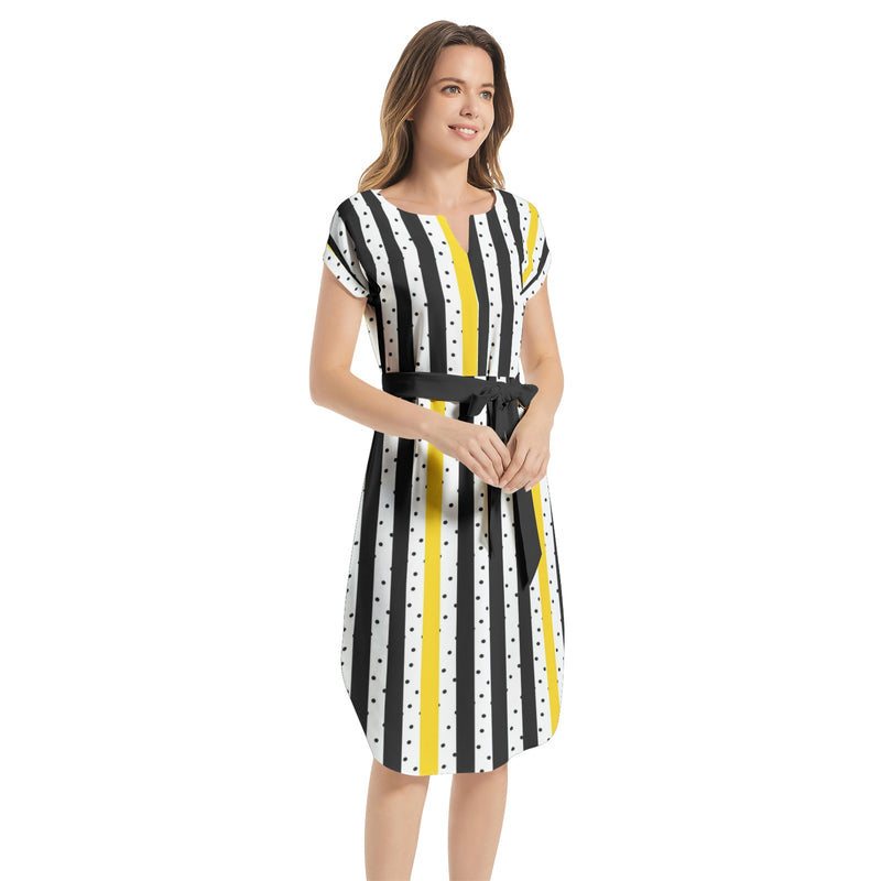 Notched Neck Belted Dress - Objet D'Art