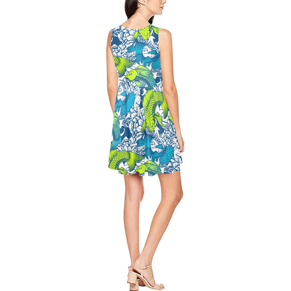 pisces neon green blue ombre print Thea Sleeveless Skater Dress(Model D19) - Objet D'Art