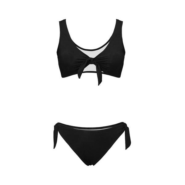 black solid print skirt Bow Tie Front Bikini Swimsuit (Model S38) - Objet D'Art