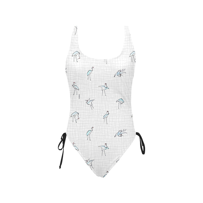 crane 4 wavy grid hokusai print Drawstring Side One-Piece Swimsuit (Model S14) - Objet D'Art
