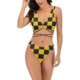 navy blue gold checkered print Cross String Bikini Set (Model S29) - Objet D'Art