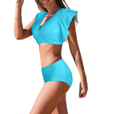 light blue bikini bottom print solid Women's Ruffle Sleeve Bikini Swimsuit (Model S42) - Objet D'Art