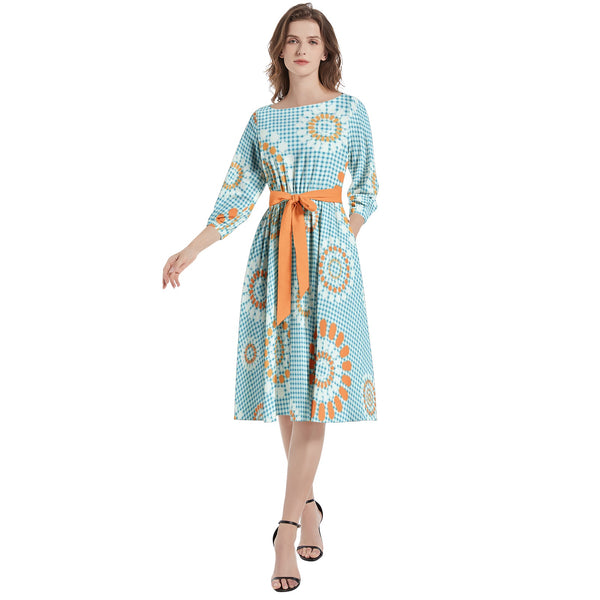 Boat Neck Belted Flared Dress - Objet D'Art