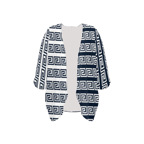 blue white greek key print 3 Women's Kimono Chiffon Cover Up (Model H51) - Objet D'Art