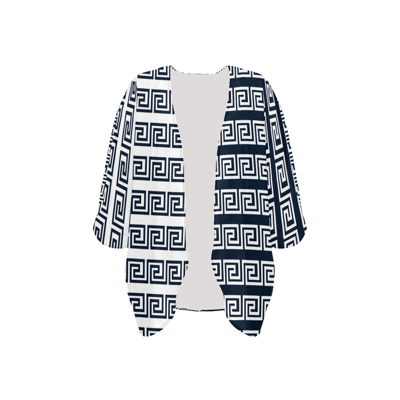 blue white greek key print 3 Women's Kimono Chiffon Cover Up (Model H51) - Objet D'Art
