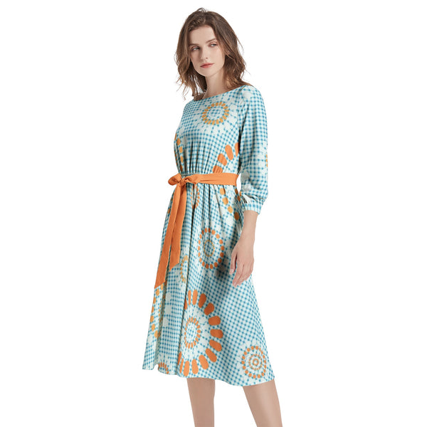 Boat Neck Belted Flared Dress - Objet D'Art