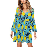 lemon striped blue print 2 V-Neck Loose Fit Dress (Model D62) - Objet D'Art