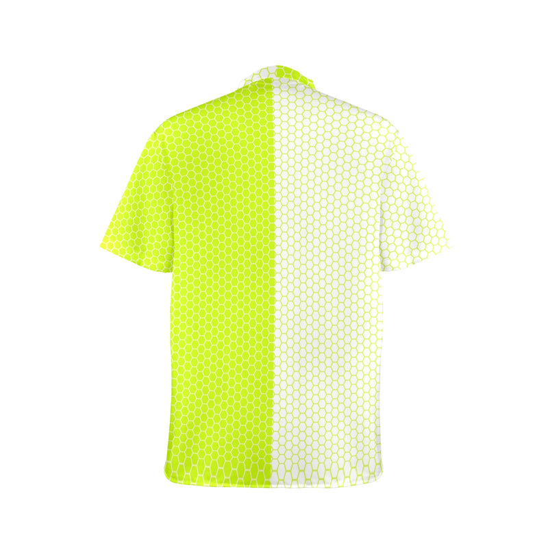 neon green hex print 5 Men's Stand-Up Collar Short Sleeve Shirt - Objet D'Art
