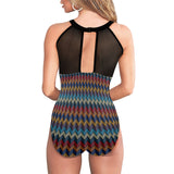 colored waves print 10 Women's High Neck Plunge Mesh Ruched Swimsuit (S43) - Objet D'Art