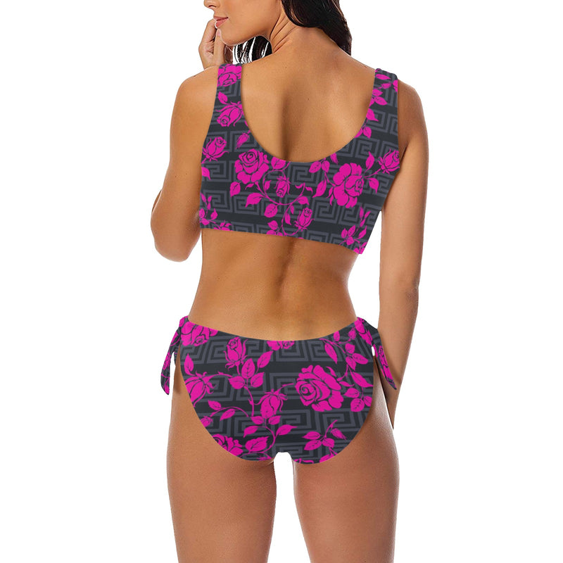 fuchsia rose on gray greek key print Bow Tie Front Bikini Swimsuit (Model S38) - Objet D'Art