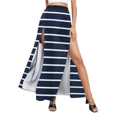 dk blue striped print 2 A B High Slit Long Beach Dress (Model S40) - Objet D'Art