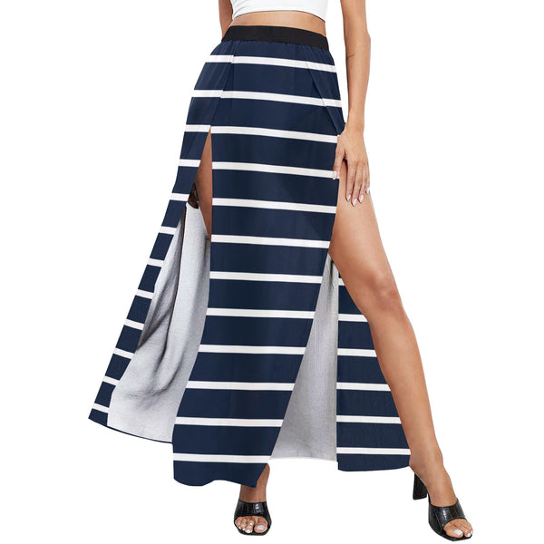 dk blue striped print 2 A B High Slit Long Beach Dress (Model S40) - Objet D'Art