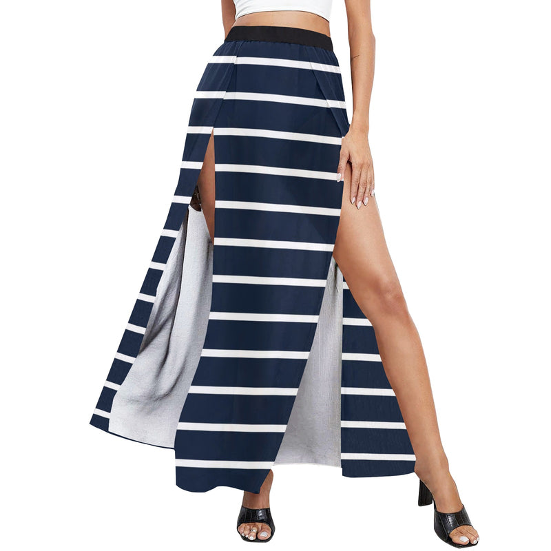 dk blue striped print 2 A B High Slit Long Beach Dress (Model S40) - Objet D'Art