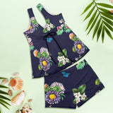 floral dark blue print 2 Women's Vest Skirt Split Swimsuit (Model S47) - Objet D'Art