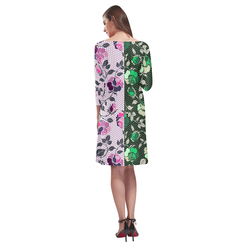 pink green rose print 4 Rhea Loose Round Neck Dress(Model D22) - Objet D'Art