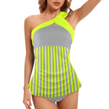 kemp logoed swimsuit gray print Women's One Shoulder Backless Swimsuit (Model S44) - Objet D'Art