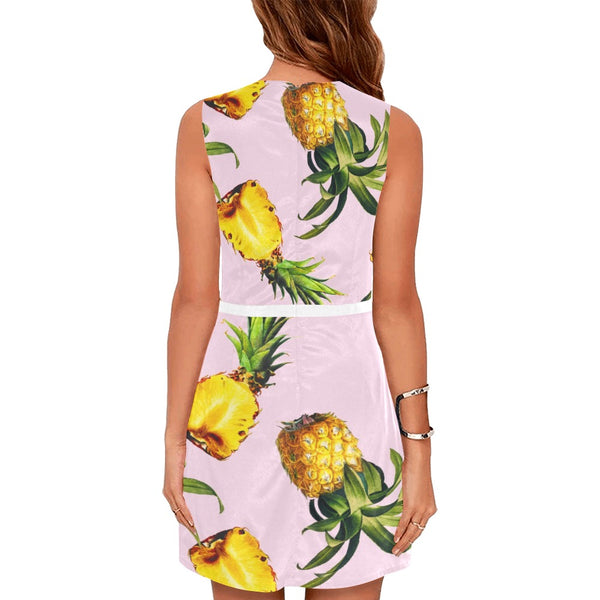 pink pineapple print 2B Eos Women's Sleeveless Dress (Model D01) - Objet D'Art