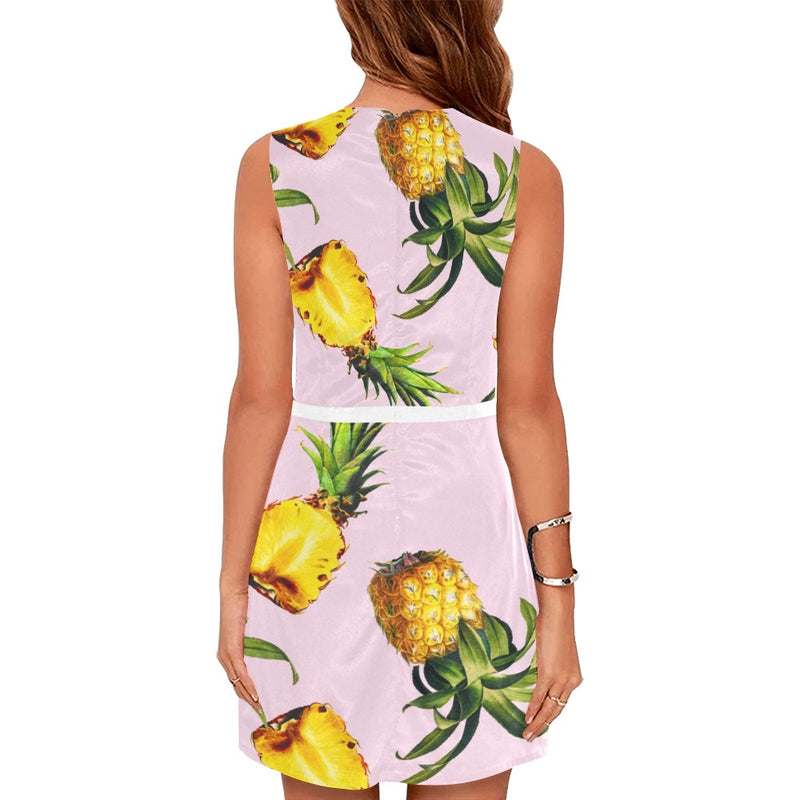 pink pineapple print 2B Eos Women's Sleeveless Dress (Model D01) - Objet D'Art