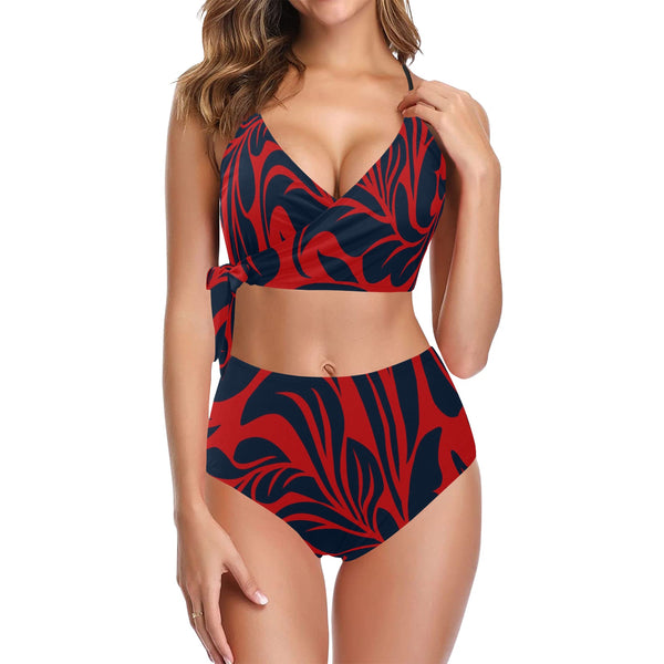 red blue leaf print 2 Knot Side Bikini Swimsuit (Model S37) - Objet D'Art