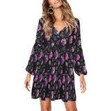 multicolored rose on dark green print V-Neck Loose Fit Dress (Model D62) - Objet D'Art