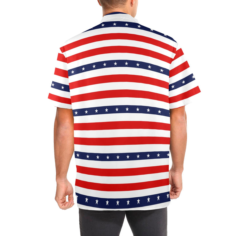 stars and stripes red white blue print 2 Men's Stand-Up Collar Short Sleeve Shirt - Objet D'Art