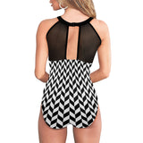 bw print broken chev Women's High Neck Plunge Mesh Ruched Swimsuit (S43) - Objet D'Art