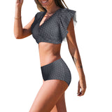 hex gray print Women's Ruffle Sleeve Bikini Swimsuit (Model S42) - Objet D'Art