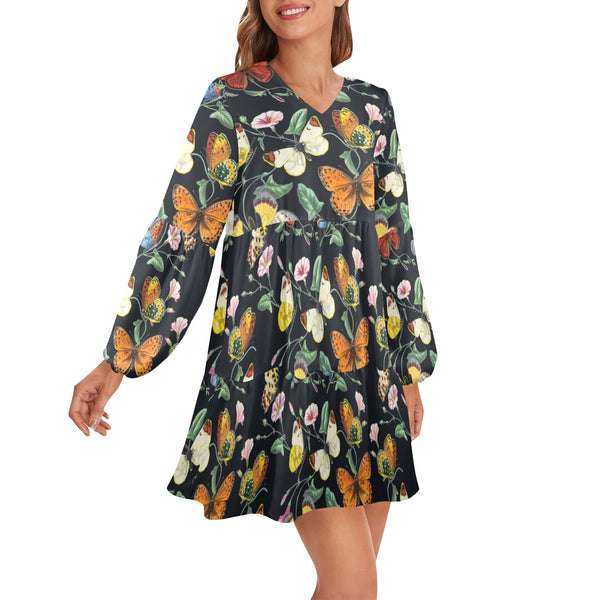 butterfly print artsadd V-Neck Loose Fit Dress (Model D66) - Objet D'Art