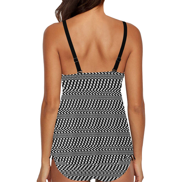 striped geo print 5C Chest Drawstring Swim Dress (Model S30) - Objet D'Art