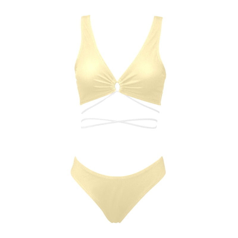 creme solid print 2 Cross String Bikini Set (Model S29) - Objet D'Art