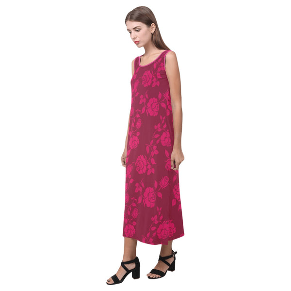 FB Roses in shades of burgundy print Phaedra Sleeveless Open Fork Long Dress (Model D08) - Objet D'Art