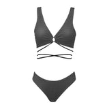 gray greek key print 2 Cross String Bikini Set (Model S29) - Objet D'Art