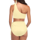 creme solid print 2 High Waisted One Shoulder Bikini Set (Model S16) - Objet D'Art