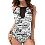 love print bw 2 Women's High Neck Plunge Mesh Ruched Swimsuit (S43) - Objet D'Art