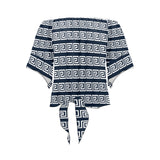 white on blue greek key print Off Shoulder Knot Front Blouse (Model T71) - Objet D'Art