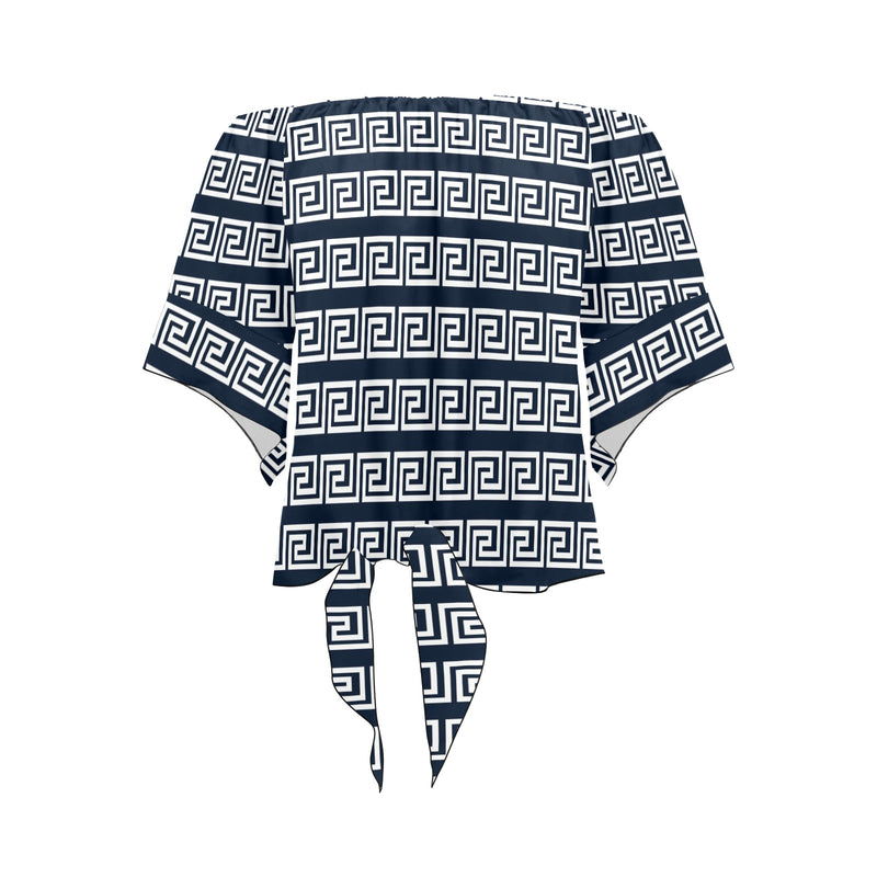 white on blue greek key print Off Shoulder Knot Front Blouse (Model T71) - Objet D'Art