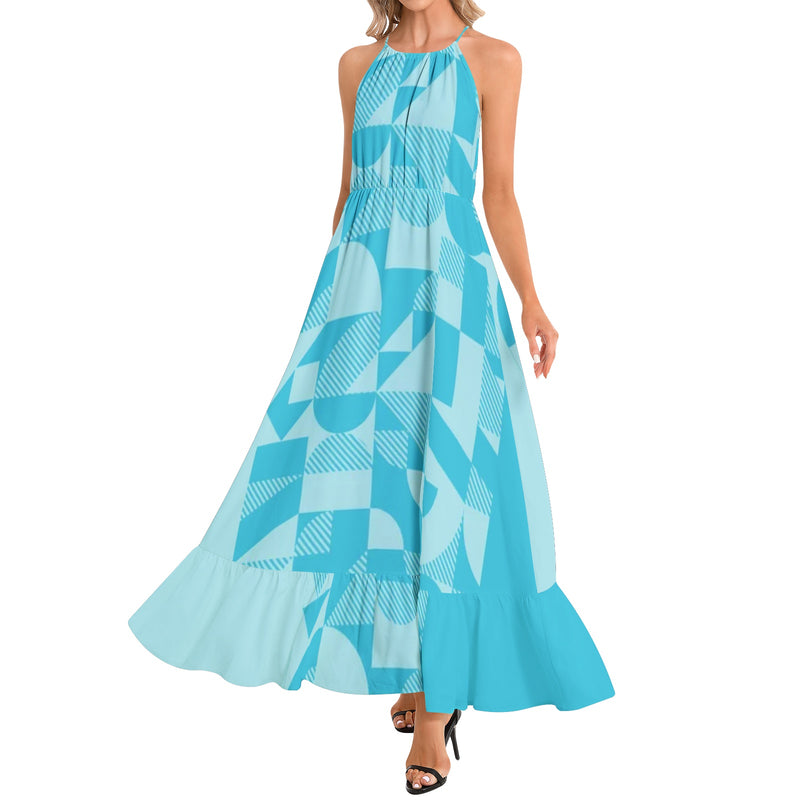 Bauhaus Blue Ruffle Hem Halter Neck Maxi Dress - Objet D'Art