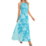 Bauhaus Blue Ruffle Hem Halter Neck Maxi Dress - Objet D'Art
