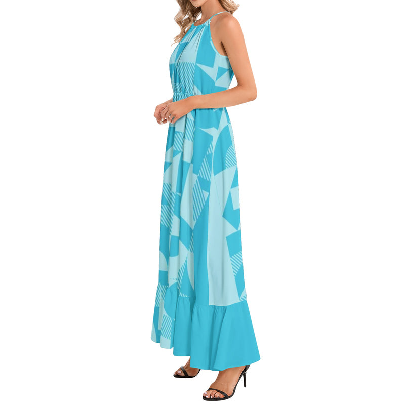 Bauhaus Blue Ruffle Hem Halter Neck Maxi Dress - Objet D'Art