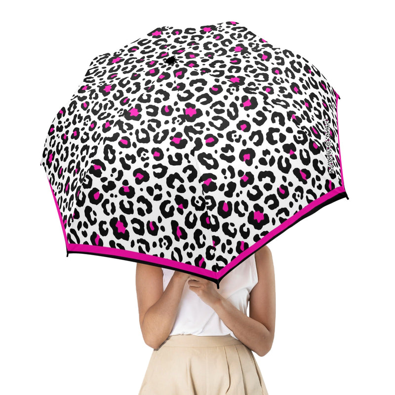 fuchsia leopard print bordered Semi-Automatic Foldable Umbrella (Model U12) - Objet D'Art