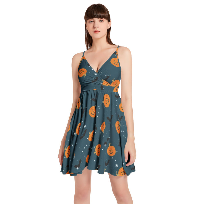 Jack O Lantern Spaghetti Strap Sleeveless Falred Hem Short Dress - Objet D'Art