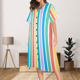 blue and white solid half Women's Button Front House Dress - Objet D'Art