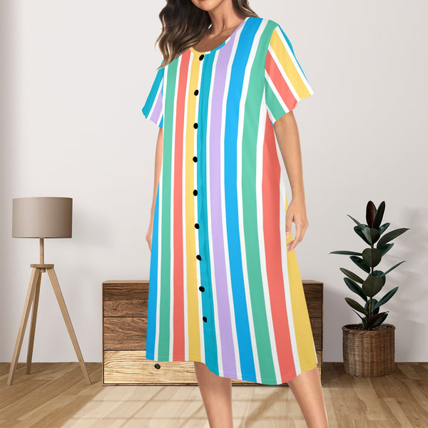 blue and white solid half Women's Button Front House Dress - Objet D'Art