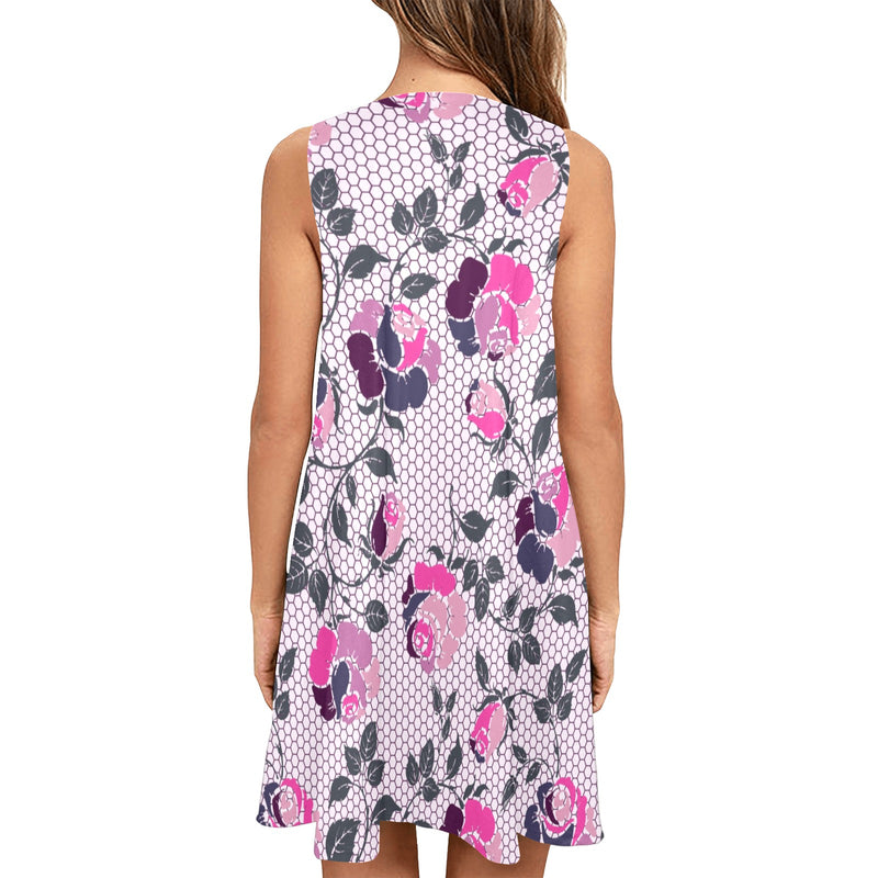 ROSE MULTICOLORED GRAY PINK PRINT 5 Sleeveless A-Line Pocket Dress (Model D57) - Objet D'Art