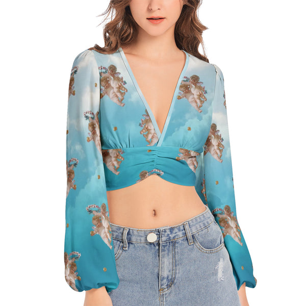The Day Dream Women's Deep V-Neck Lantern Sleeve Crop Top - Objet D'Art