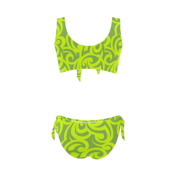 neon green scroll print 2 Bow Tie Front Bikini Swimsuit (Model S38) - Objet D'Art