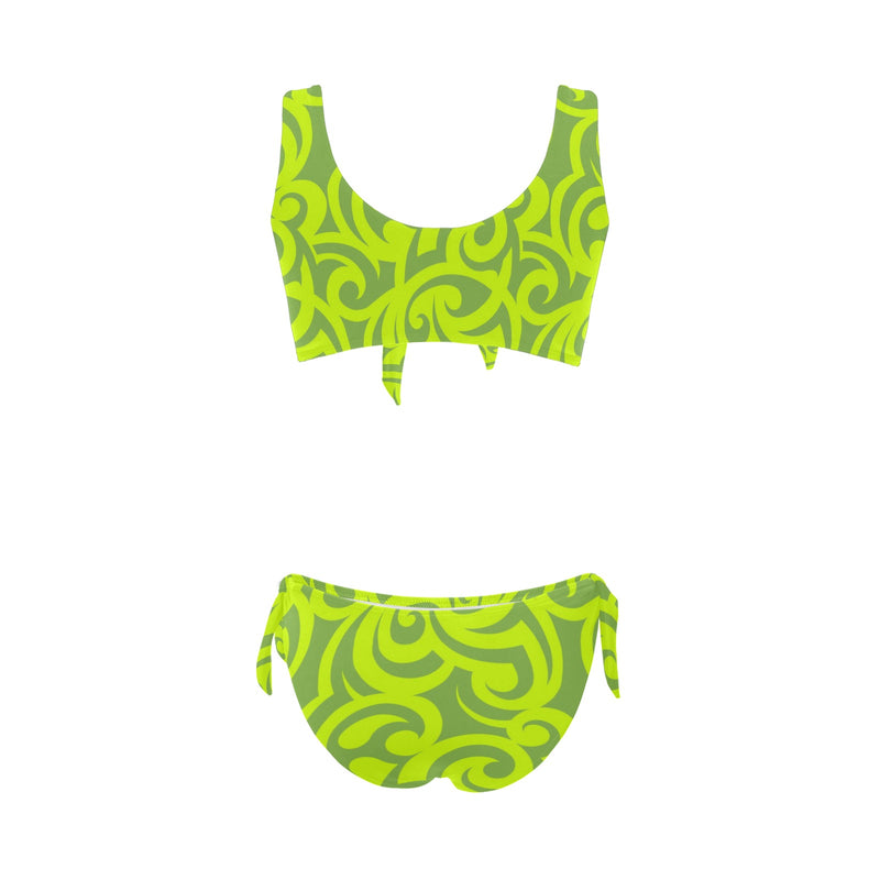 neon green scroll print 2 Bow Tie Front Bikini Swimsuit (Model S38) - Objet D'Art