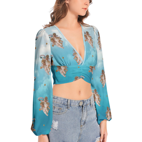 The Day Dream Women's Deep V-Neck Lantern Sleeve Crop Top - Objet D'Art