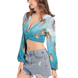 The Day Dream Women's Deep V-Neck Lantern Sleeve Crop Top - Objet D'Art