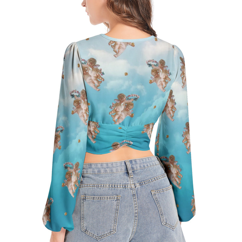 The Day Dream Women's Deep V-Neck Lantern Sleeve Crop Top - Objet D'Art